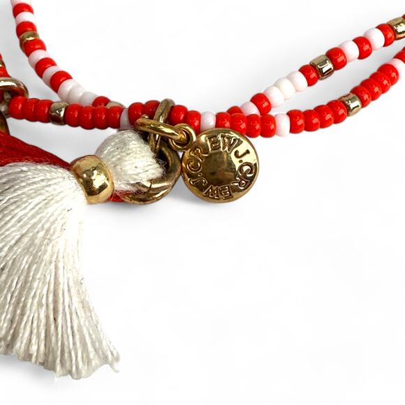 J Crew Beaded Stretch Bracelet Red and White Gold Tone Leaf Charm - Picture 3 of 6